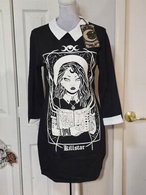 Killstar Black and White Witch Graphic Collared Midi Dress